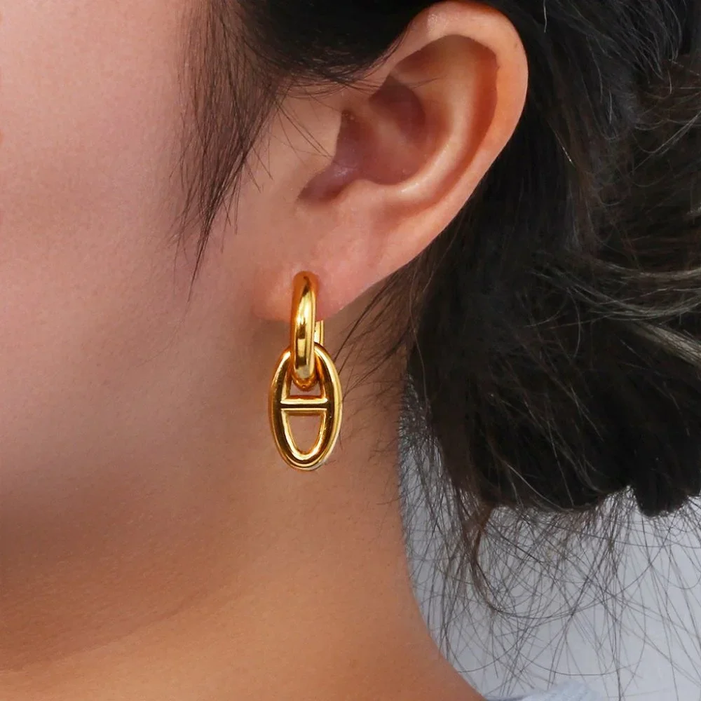 Link Chain Pig Nose Mariner Anchor Earrings 18K Gold Plated Stainless Steel - Picture 3 of 8